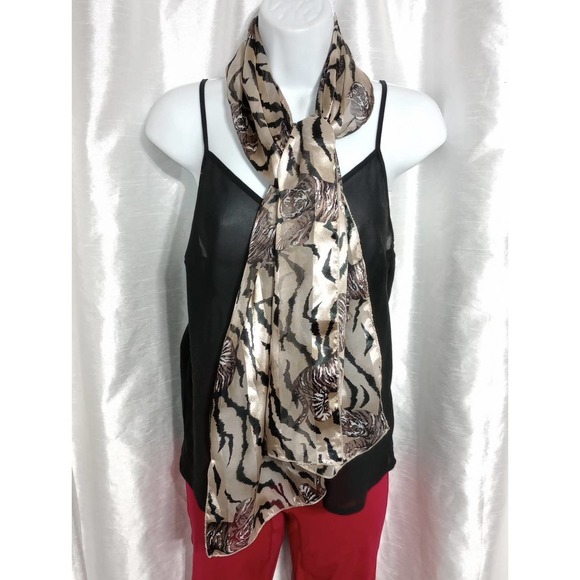 SATIN mesh stripe tiger scarf black tan ivory - Picture 3 of 6